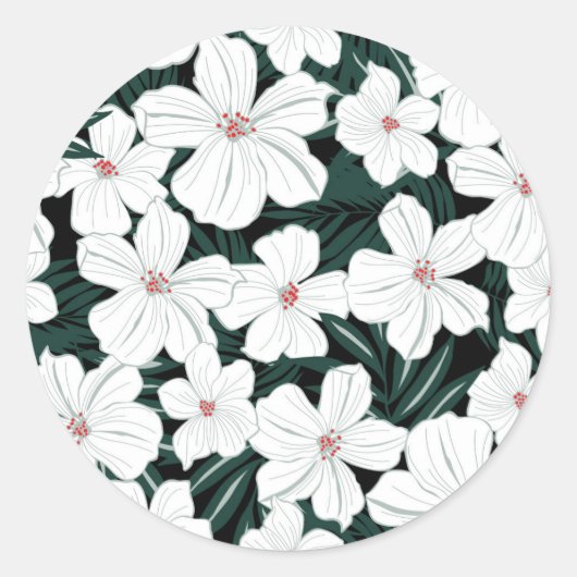 White Tropical Flowers Pattern Ronde Sticker (Voorkant)