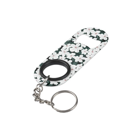 White Tropical Flowers Pattern Sleutelhanger Flessenopener (Achterkant Gekanteld)