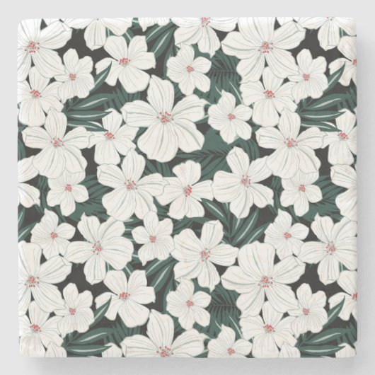 White Tropical Flowers Pattern Stenen Onderzetter (Voorkant)