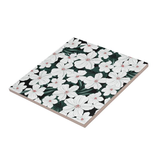 White Tropical Flowers Pattern Tegeltje (Zijkant)