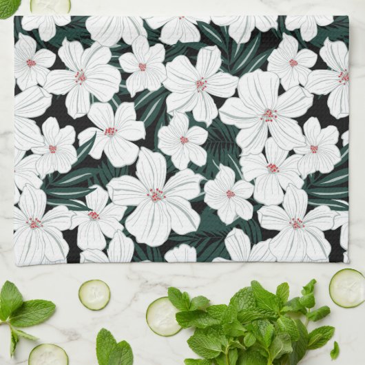 White Tropical Flowers Pattern Theedoek (Gevouwen)