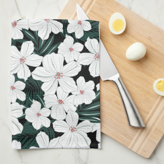 White Tropical Flowers Pattern Theedoek (Quarter Fold)