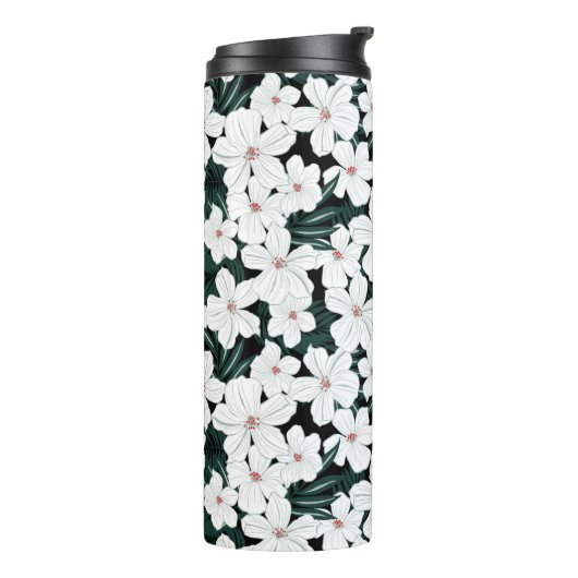 White Tropical Flowers Pattern Thermosbeker (Gedraaid links)