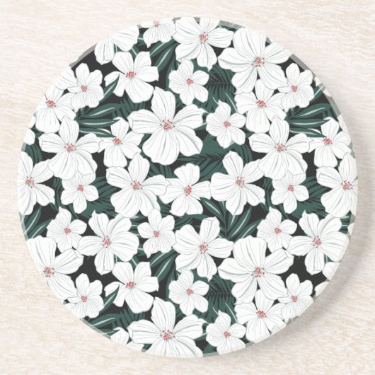 White Tropical Flowers Pattern Zandsteen Onderzetter (Voorkant)