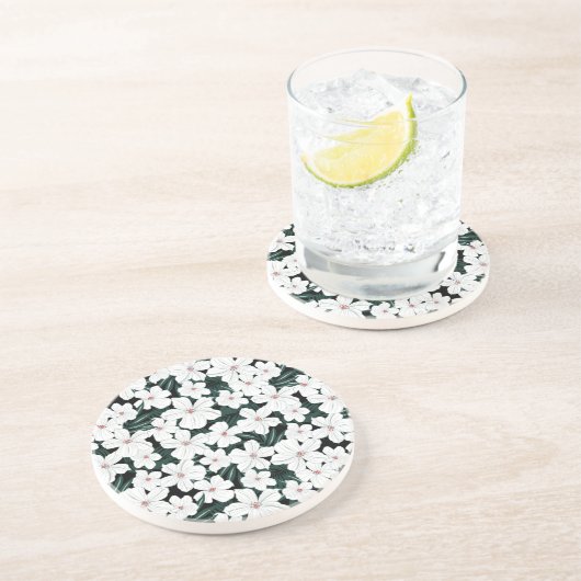 White Tropical Flowers Pattern Zandsteen Onderzetter (Zijkant)