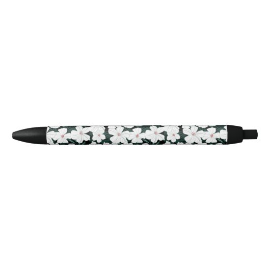 White Tropical Flowers Pattern Zwarte Inkt Pen (Voorkant)