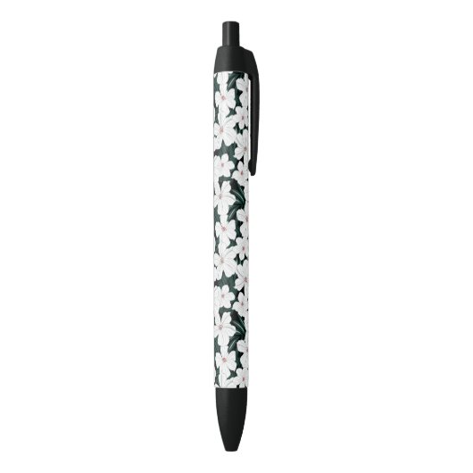 White Tropical Flowers Pattern Zwarte Inkt Pen (Achterkant (Verticaal))