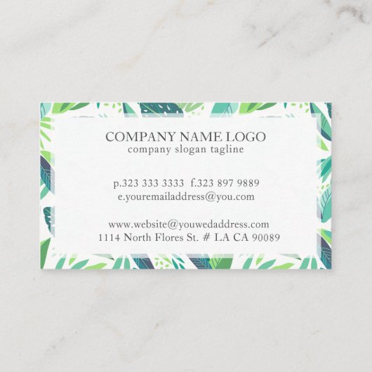 White & Tropical Green Leafs Pattern Visitekaartje (Achterkant)