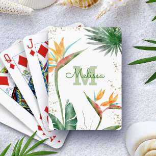 White Tropical Island Floral Monogram Script Gold Pokerkaarten