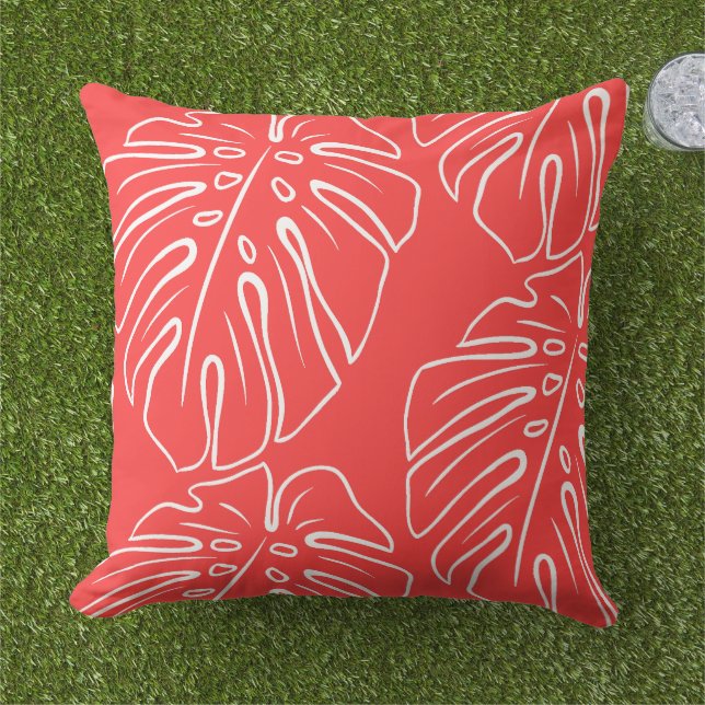 White Tropical Leaf Motif Coral Salmon Red Buitenkussen (Gras)
