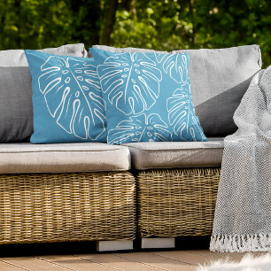 White Tropical Leaf Motif Light Summer Sky Blue Buitenkussen