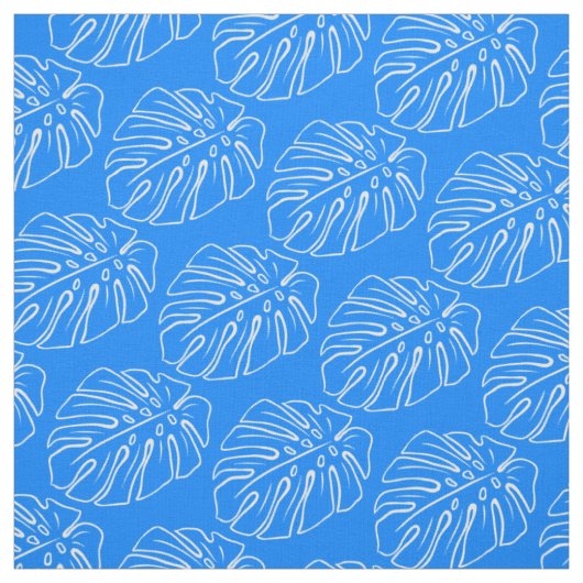 White Tropical Leaf Motif Mediterranean Blue Stof (Swatch)