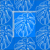 White Tropical Leaf Motif Mediterranean Blue Stof (Delen)