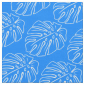 White Tropical Leaf Motif Mediterranean Blue Stof (Close Up)