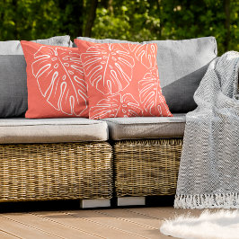 White Tropical Leaf Motif on Coral Red Oranje Buitenkussen
