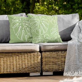 White Tropical Leaf Motif on Light Sage Green Buitenkussen