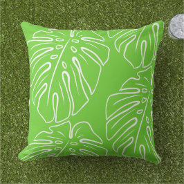 White Tropical Leaf Motif on Lime Green Buitenkussen