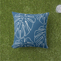White Tropical Leaf Motif on Medium Dark Cyan Blue
