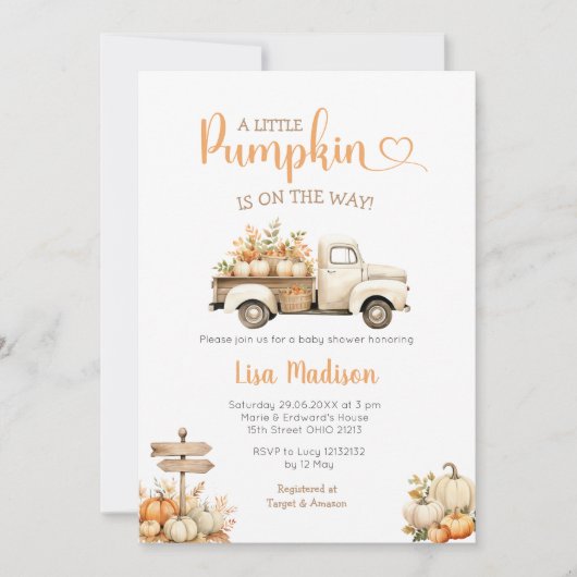 White Truck Pumpkin is onderweg naar Baby shower G Kaart (Voorkant)