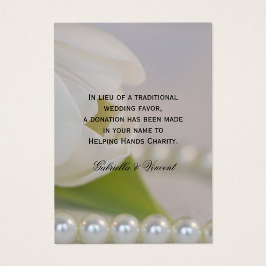 White Tulip and Pearls Wedding Charity Favor Kaart (Voorkant)