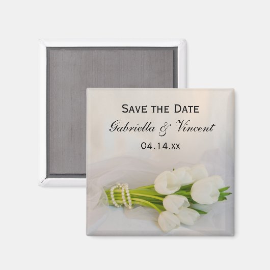 White Tulip Bouquet Spring Wedding Save the Date Magneet (Voorkant / Achterkant)