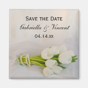 White Tulip Bouquet Spring Wedding Save the Date Magneet
