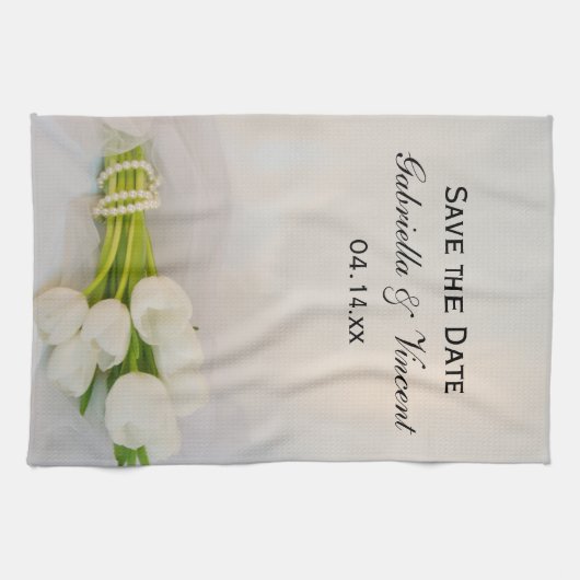 White Tulip Bouquet Spring Wedding Save the Date Theedoek (Horizontaal)