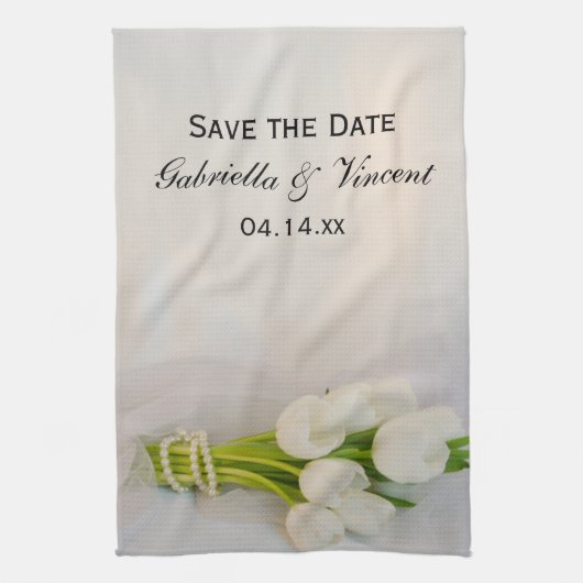 White Tulip Bouquet Spring Wedding Save the Date Theedoek (Verticaal)