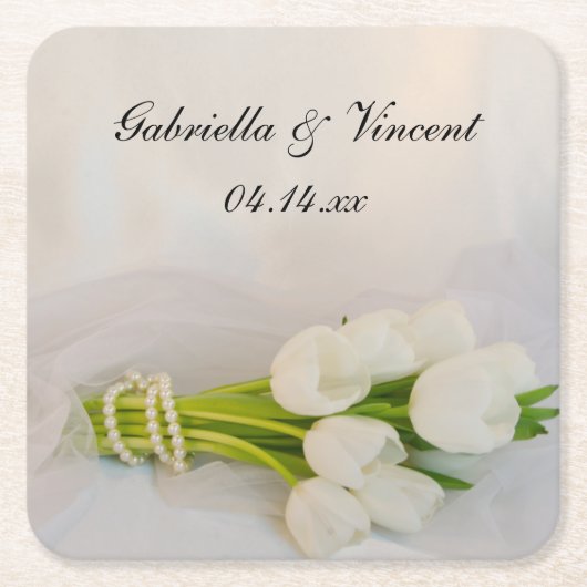 White Tulip Bouquet Wedding Kartonnen Onderzetters (Voorkant)