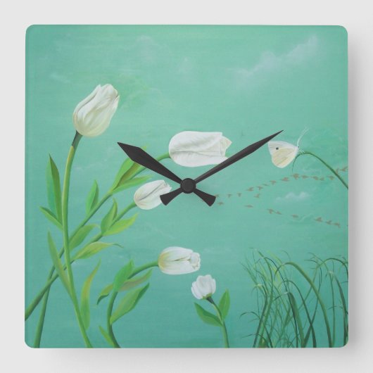 White Tulip Clock Vierkante Klok (Voorkant)