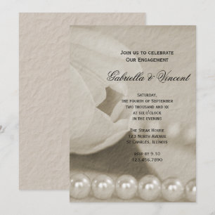 White Tulip Flower and Pearls Engagement Party Kaart