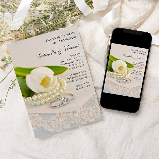 White Tulip, Pearls and Rings Engagement Party Kaart