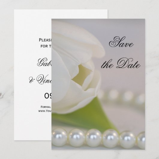 White Tulip Pearls Spring Wedding Save the Date (Voorkant / Achterkant)