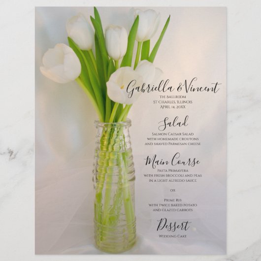 White Tulips in Milk Bottle Spring Wedding Menu (Voorkant)