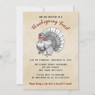 White Turkey Thanksgiving Dinner Invitation Kaart