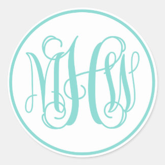 White Turq Aqua Vine Script Monogram, DIY BG Ronde Sticker