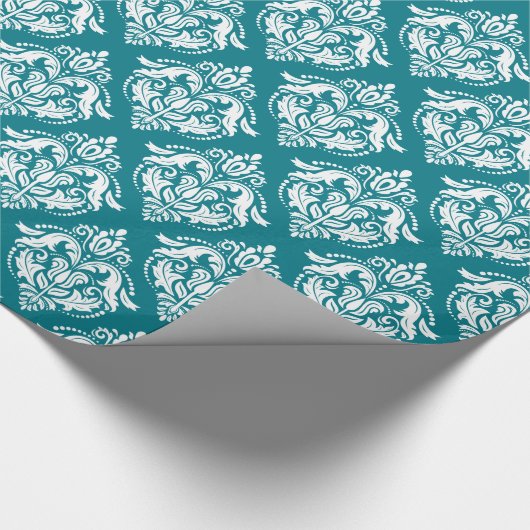 White & Turquoise Damask Pattern Cadeaupapier (Hoek)