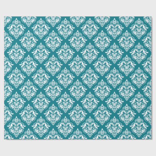 White & Turquoise Damask Pattern Cadeaupapier (Vlak)