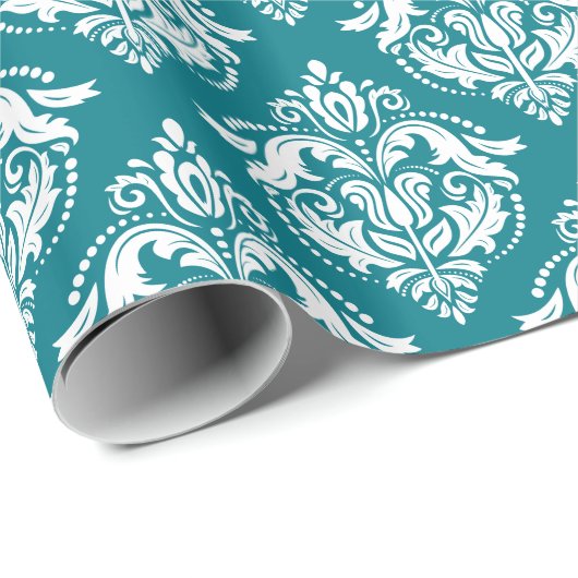 White & Turquoise Damask Pattern Cadeaupapier (Rol Hoek)