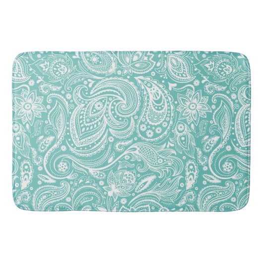 White & Turquoise Floral Paisley Lace Pattern Badmat (Voorkant)