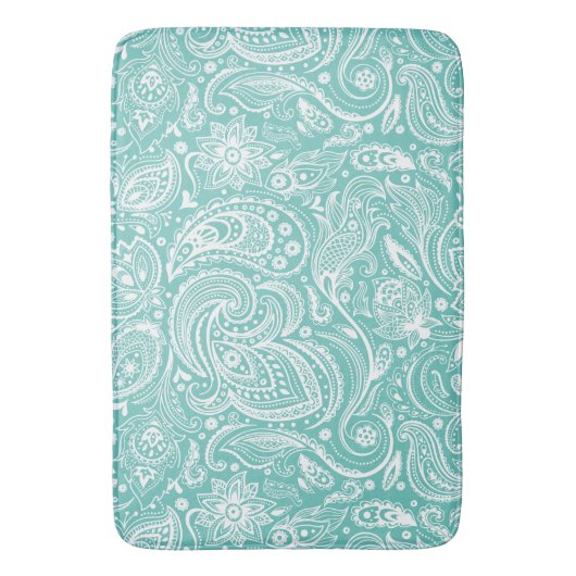 White & Turquoise Floral Paisley Lace Pattern Badmat (Voorkant Verticaal)