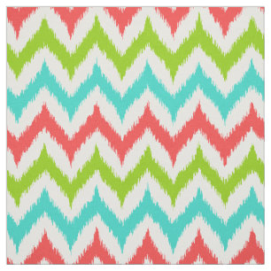 White, Turquoise, Green en Coral Zigzag Ikat Stof
