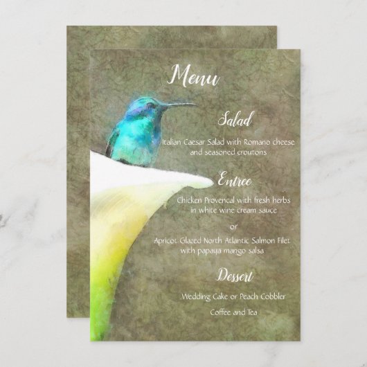 White Turquoise Hummingbird Lily Floral Waterverf Menu (Voorkant / Achterkant)