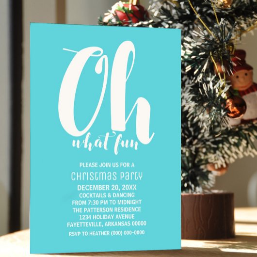 White Turquoise Oh What Fun Holiday Party Invite Kaart