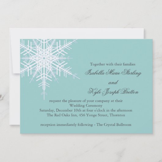 White/Turquoise Winter Snowflake Wedding Invite Kaart (Voorkant)