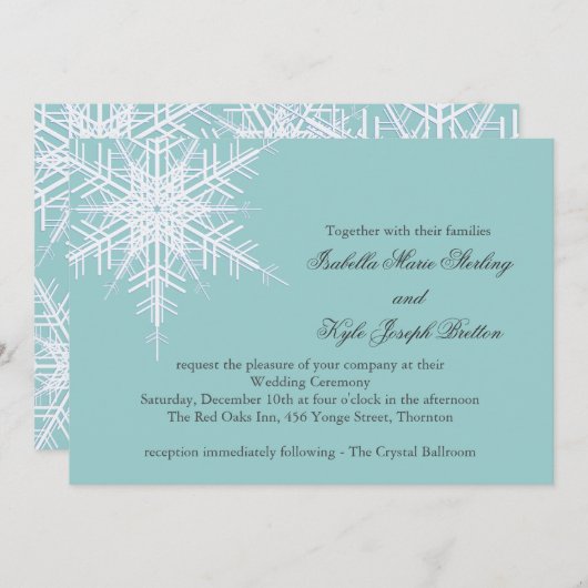 White/Turquoise Winter Snowflake Wedding Invite Kaart (Voorkant / Achterkant)
