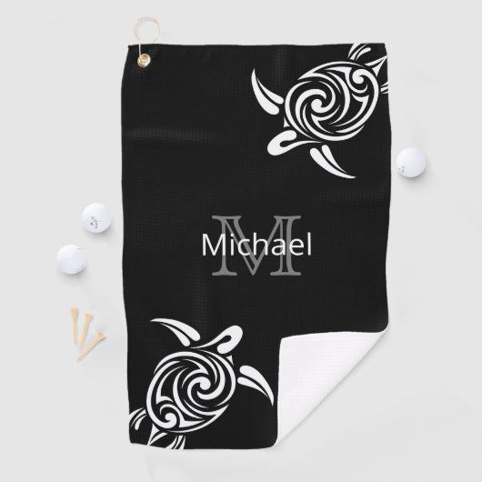 White Turtle Black Background Coastal Monogram Golfhanddoek (Insitu)
