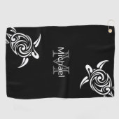 White Turtle Black Background Coastal Monogram Golfhanddoek (Horizontaal)