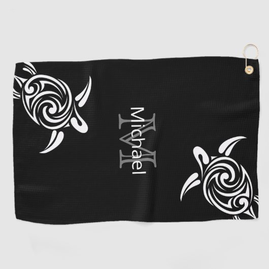 White Turtle Black Background Coastal Monogram Golfhanddoek (Horizontaal)