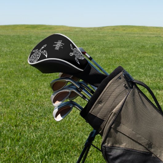 White Turtle Black Background Coastal Monogram Golfheadcover (Insitu)